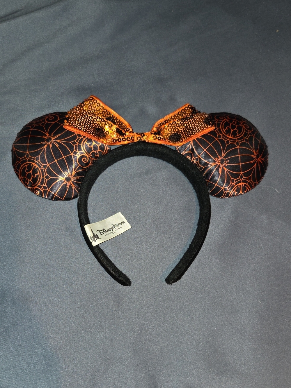Disney Parks Orange & Black Minnie Ears Headband with Sequin Bow